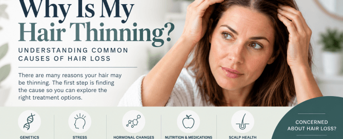Woman examining thinning hair with common causes of hair loss including genetics, stress, hormonal changes, nutrition, medications, and scalp health