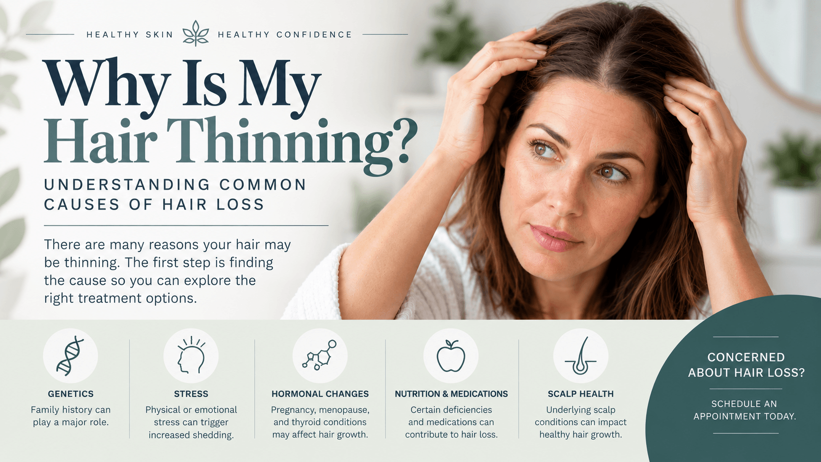 Woman examining thinning hair with common causes of hair loss including genetics, stress, hormonal changes, nutrition, medications, and scalp health